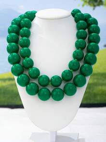 OABE 2pcs/Set Bohemian Style Casual Wear Accessories Green Round Bead Layered Necklace Set, Suitable For Women's Daily Wear, Holiday/Anniversary Surprise Gift - Green - View 7