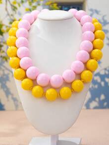 OABE 2pcs/Set Bohemian Style Dopamine Pink And Yellow Contrast Design Women's Layered Necklace Set, Suitable For Daily Wear, Holiday/Birthday Surprise Gift - Multicolor - View 7