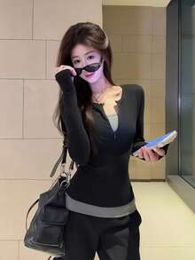 Korean Style 2 In 1 Contrast Color Patchwork Long Sleeve Base Layer Top, Slim Fit, Designed For Women, Autumn - Black - View 5