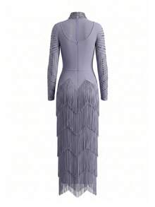 Modphy Gaun Maxi Wanita Terbaru Seksi Leher Tinggi Lengan Panjang dengan Hiasan Rhinestone Tebal dan Rumbai, Gaun Malam Formal yang Elegan - Abu-abu Biru - View 9