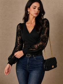 Women's Black V-Neck Knit Top With Sheer Lace Bishop Sleeves - Black - View 3