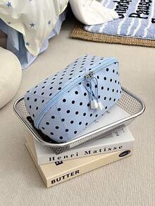 Macaron Color Block Polka Dot Large Opening Makeup Bag, Blue And Pink Dual Color Options, Multi-Compartment Handheld Fabric Travel Toiletry And Skincare Storage Bag - Multicolor - View 4