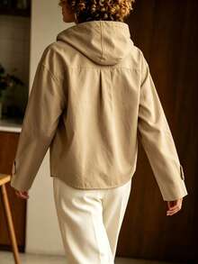 Beige Casual Hooded Jacket With Bow Decor On Chest, Versatile Loose Fit, Suitable For Daily And Weekend Wear - Light Khaki - View 7