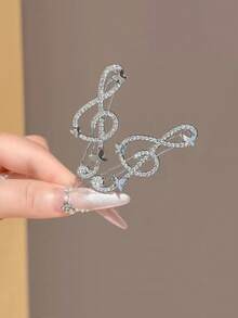 Silver Music Note Rhinestone Hair Clip For Women, New Niche Design Side Bangs Clip, Hair Accessory - Silver - View 3