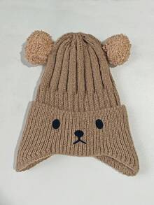 1pc Infant Ribbed Knitted Earflap Beanie , Cute Double Pom Pom Bear Ear Decor Winter Warm Toddler Hat Suitable For 1-3 Years Old Outdoor Use - Multicolor - View 2