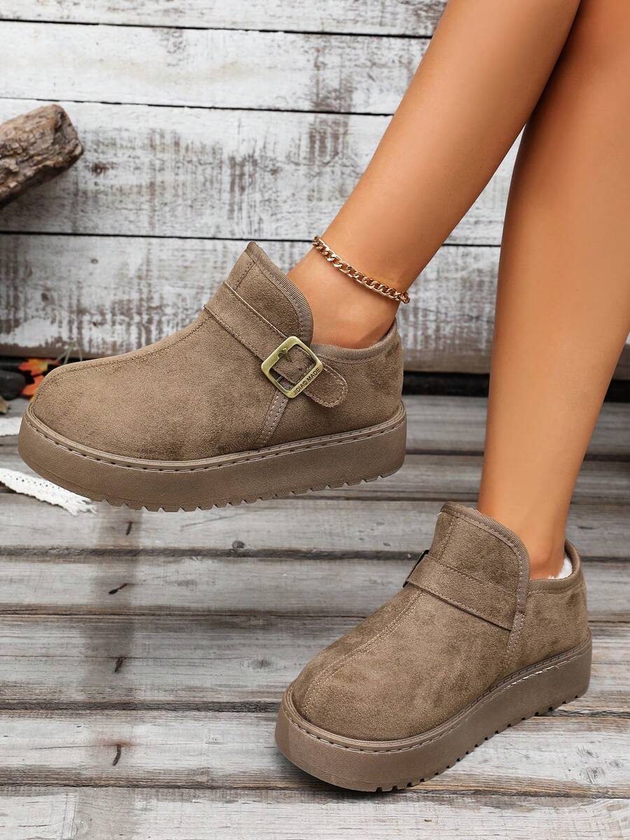 Solid Color Metal Buckle Strap Faux Suede Platform Slip‑On Low‑Top Winter Snow Boots Women - Khaki - View 1