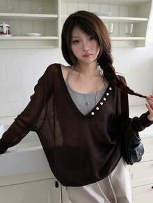 Deep V-Neck Button Long Sleeve Knit Sweater - Brown - View 3