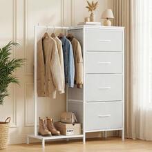Dresser With Hanging Rack, Small Cloest With 4 Drawers, Tall Storage Tower With Clothse Rack, Sturdy Frame, Fabric Chest For Bedroom, White, 44''H - White - View 1