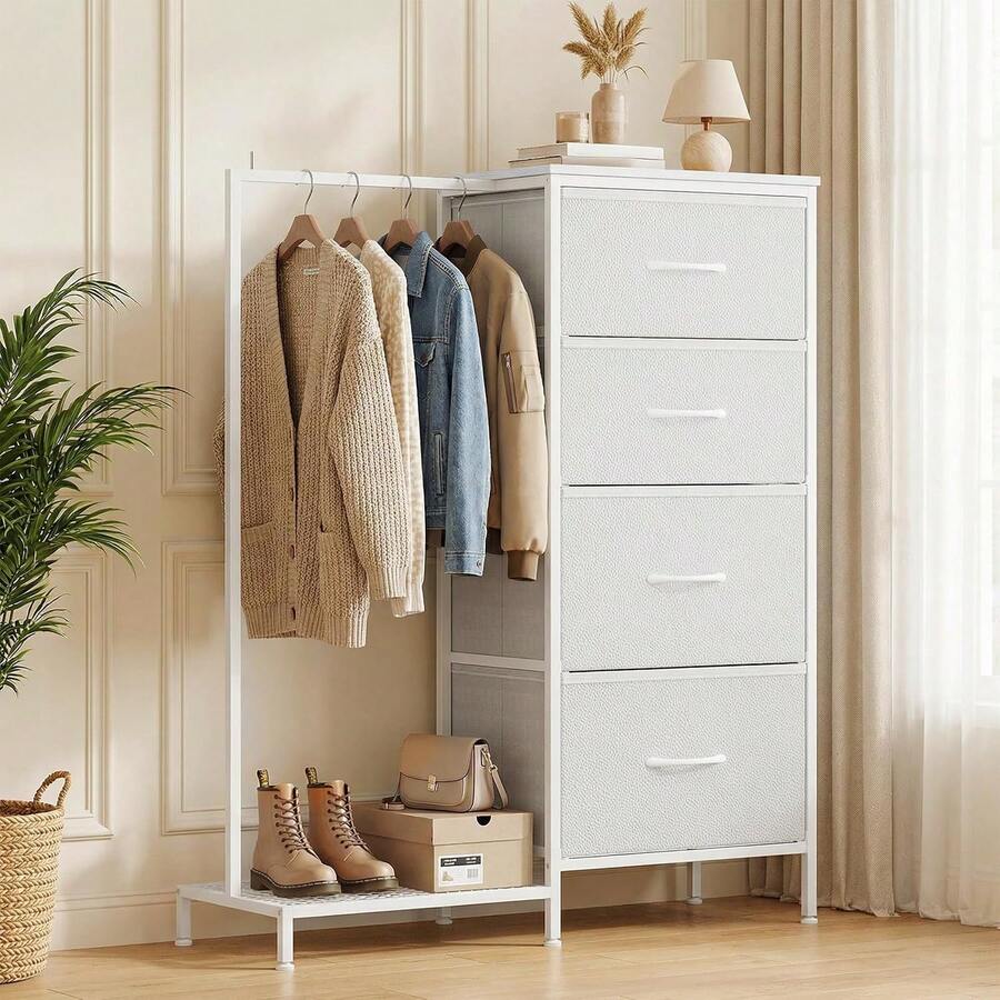 Dresser With Hanging Rack, Small Cloest With 4 Drawers, Tall Storage Tower With Clothse Rack, Sturdy Frame, Fabric Chest For Bedroom, White, 44''H - White - View 1