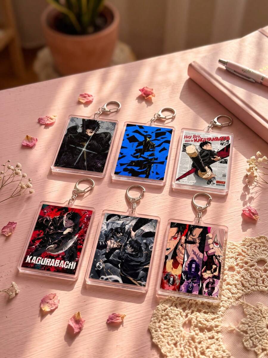 1Pc/6Pcs Kagurabachi Themed Acrylic Keychains, Featuring Katana Cross Light Effect, Blue Fragment Silhouette, Newspaper Cover, Red Background Logo, Intense Battle And Triple Demon Blade Close-Up Designs, Fashionable Bag Charm, Suitable For: Back To School, Gift For Anime Fans, Exquisite Collection, All Season Use. - Multicolor - View 1