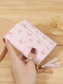 Fashionable Bow Printed Short Wallet, Portable Metal Heart-Shaped Tassel Decoration, Multi Slot Snap Wallet, Suitable For Outdoor And Travel - Pink - View 10