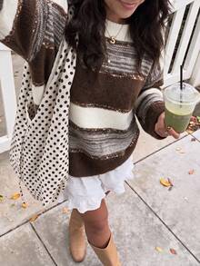 Fall New Arrival Women Color Block Striped Sequin Decor Crew Neck Knit Sweater, Long Sleeve Loose Casual Pullover - Brown - View 5