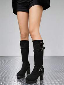 Women Knee High Boots Pull On Buckle Strap Block Heel Round Toe - Black - View 3