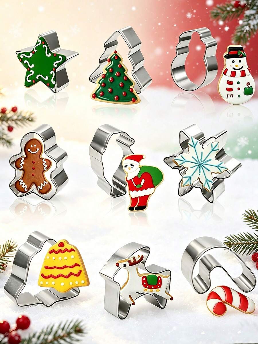 12 piezas Moldes de galletas de acero inoxidable con diseños de dibujos animados navideños, herramienta de repostería para presionar, molde circular para mousse, molde de galletas, muñeco de nieve, árbol de Navidad, hombre de jengibre, copo de nieve, ciervo, molde de galletas de Papá Noel, herramienta de repostería, pequeña herramienta de cocina - Multicolor - Ver 1