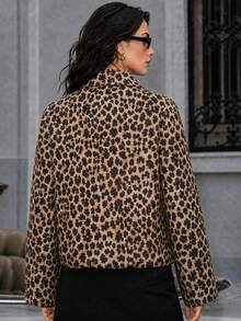 Women's Fashion Front Pocket Lapel Collar Casual Leopard Print Woven Fabric Zipper Flight Jacket For Daily Spring And Autumn Wear - Black - View 6