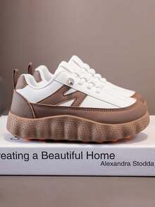 1 Pair Kids All-Season Colorblock Patchwork Thick Sole Slip-On Sneakers, Wavy Non-Slip Breathable Mesh Casual Sports Shoes - Brown - View 4