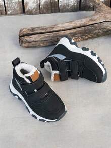 1 Pair Kids Winter Thermal Lined Warm Snow Sports Shoes, Hook & Loop Closure, Thick Sole, Non-Slip, Versatile - Black - View 4
