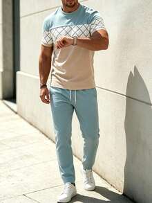 Men's Autumn/Winter Simple Elegant Comfortable Argyle Colorblock Patchwork Short Sleeve & Long Pants Set - Multicolor - View 4