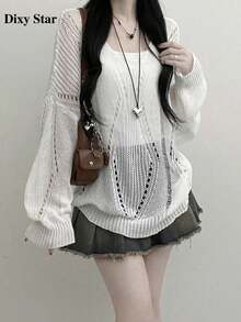 Loose Knit Hollow Out Long Sleeve V-Neck Cover Up Sweater Top White Fall - White - View 7
