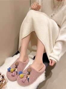 Bohemian Style Wooden Bead Tassel Fur Slippers For Women, Vintage Lamb Wool Outdoor Warm Slippers Thermal Slippers - Pink - View 3
