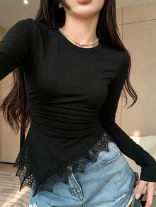 Women's Round Neck Long Sleeve T-Shirt, Spring/Autumn New Lace Trim And Ruched Waist Design, Casual Versatile Slim Fit Solid Color Top, Fashionable Daily Wear - Black - View 6