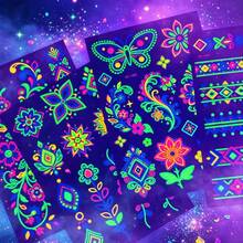 4 Sheets Neon & Glow In The Dark Floral Temporary Tattoos, Neon Fluorescent Butterfly Waterproof Tattoo Stickers, Luminous Body Tattoos For Music Festival, Rave, Party, Night Out - Multicolor - View 7