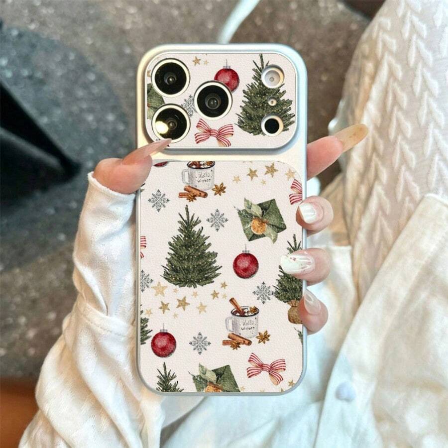 TPU Christmas Tree Hot Drink Bow Pattern Phone Case Compatible With Apple 17 Pro Max/17/16 Pro Max/15/13/12/11 Large Window Full Coverage Anti-Drop Soft Shell Protective Cover - Silver - View 1