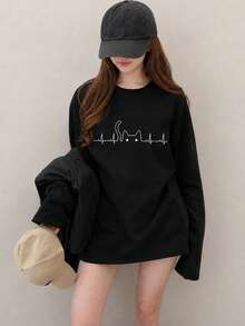 Women's Fashion Autumn/Winter Loose Minimalist Versatile Cartoon Cat Print Long Sleeve T-Shirt - Black - View 1