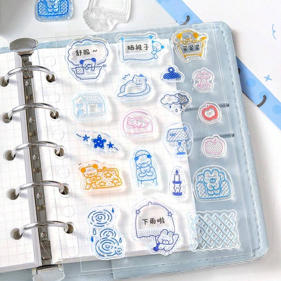 1 Set Loose-Leaf Silicone Stamps, Cute Pet Doodle Dot Series Illustration Line Pattern, Compatible With A6Per/A7/M5 Notebooks, With Acrylic Handle/Colored Bead Chain, Soft Transparent Silicone Material, Excellent Waterproof Performance Decorative Pendant, Student Stationery Material Collage DIY Decoration, Back To School Essential