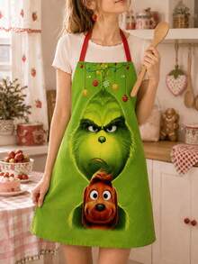 The Grinch The Christmas Kitchen Aprons, Festive Character Print Bib Apron Set With Plaid Designs For Holiday Cooking, Baking And Christmas Party - Multicolor - View 1