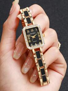 Women's Bracelet Watch Square Dial With Rhinestone Inlay, Elegant Quartz Watch, Gift For Girlfriend (1pc/Set) Watch Box Not Included - Black - View 4
