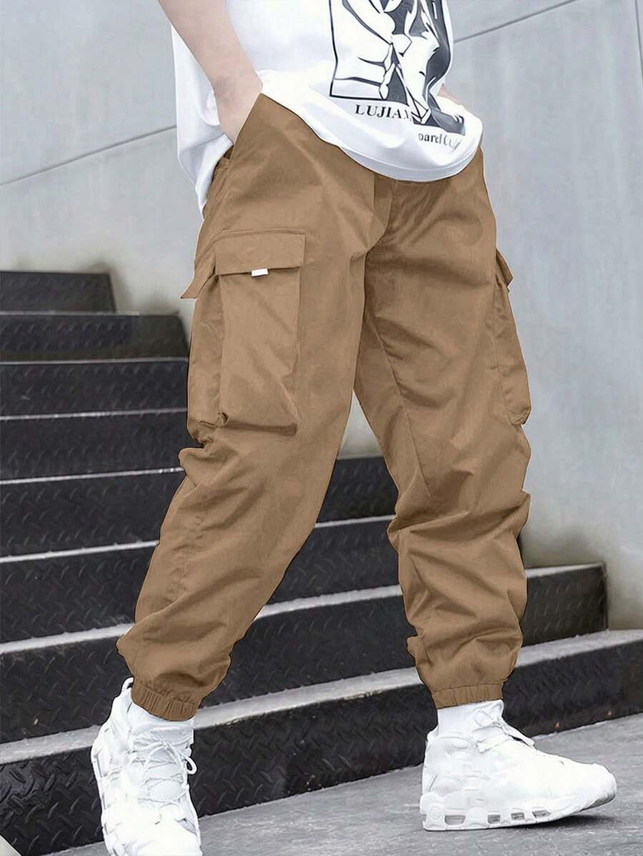 1pc Teen Boys Casual Sports Outdoor Fashion Cargo Pants With Big Pockets, Spring/Autumn - Khaki - View 1