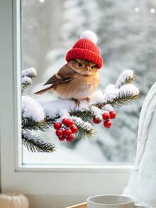 1pc Winter Bird Window Sticker, Cedar Branch Red Knitted Hat Cute Bird & Red Berry Static Cling Window Decal, Christmas Winter Animal Decoration, Double-Sided Visible, No Glue No Residue Sticker, Suitable For Bedroom, Cafe, Farmhouse Home Glass Window Decor, Beautiful Sticker - Winter Bird - View 6