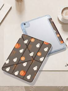 KOOLIFE 1pc Halloween Cute Print Y-Shaped Folding Magnetic Tablet Protective Case, PU Leather Outer Layer With Hard Acrylic Anti-Bend Back Plate, Pen Slot Design, Multi-Angle Folding Stand, Suitable For Office And Daily Use, Compatible With IPad Mini 6/7, Air 3/4/5/6/7/11/13 Inch (M2/M3/2024-2025), Pro 11/12.9 Inch (2020-2024), Protective Case, Protective Shell, With Cover - Dark Grey - View 2