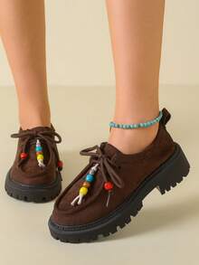 Colorful Beaded Lace-Up Suede Solid Color Retro Loafers Thick Platform Serrated Sole Slip-On Wedge Heels Fashion Versatile - Brown - View 5