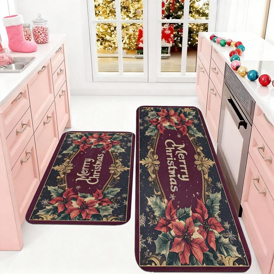 1/2/3pcs Christmas Theme Kitchen Rug, Flannel Kitchen Mat, Soft Comfortable Absorbent Non-Slip Machine Washable With Non-Slip Backing, Suitable For Multiple Scenes: Entrance, Living Room, Bedroom, Kitchen, Dining Room, Bathroom, Laundry Room, Hallway, Christmas Holiday Home Decor Mat - Multicolor - View 1