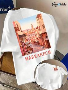 Men's T-Shirt With A Street Scene Print Of The Old City Of Marrakech, Morocco, Round Neck And Short Sleeves - Top Garment - White - View 2