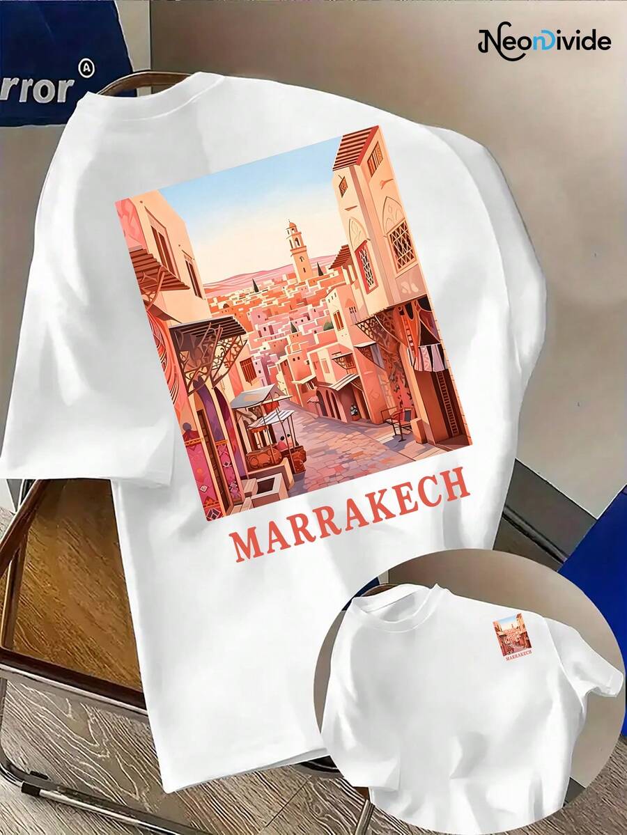 Men's T-Shirt With A Street Scene Print Of The Old City Of Marrakech, Morocco, Round Neck And Short Sleeves - Top Garment