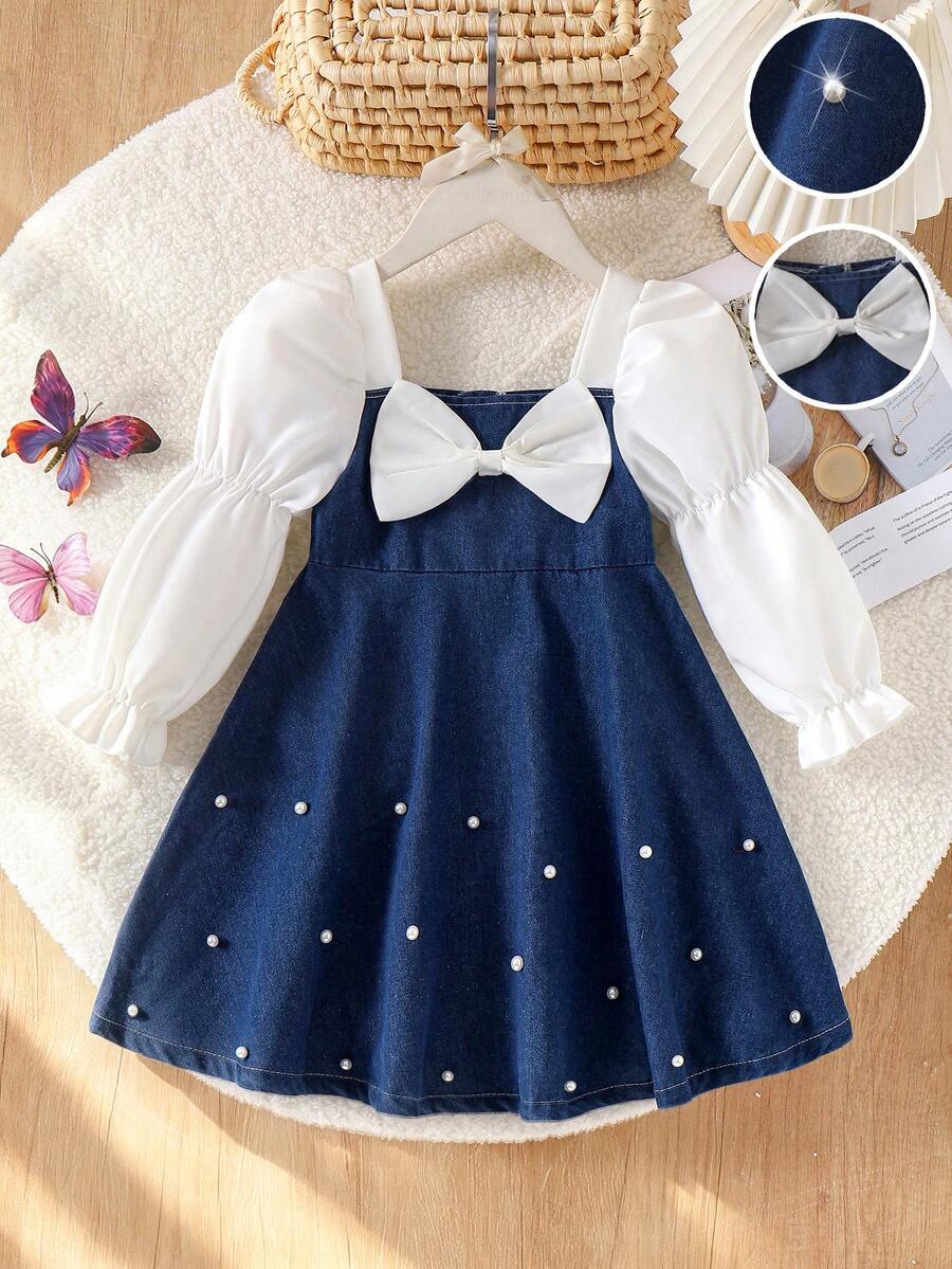 1pc Girls Elegant White Bow Decor Patchwork Sleeve Dress, Autumn - Blue - View 1
