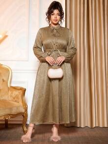 Plus Size Women's Fitted Satin Jacquard Tie-Up Long Sleeve Dress - Champagne - View 3