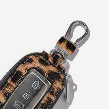 1pc Microfiber PU Leather Leopard Print Window Design Universal Car Key Cover Protective Case Anti-Loss Anti-Scratch Key Storage Protective Cover Visible Buttons Suitable For All Car Keys Bag Pendant Gift For Friends - 21 Silver Head Leopard Print Open Window - View 5