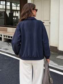 Women's Autumn/Winter New Faux Suede Patchwork Side Stripe Zipper Chinese Frog Button Raglan Sleeve Jacket, Elastic Cuffs And Hem Outerwear - Navy Blue - View 11