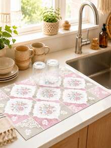 1pc, Vintage Square Pattern Printed Diatomaceous Earth Kitchen Drying Mat, Absorbent Dish Drying Mat, Coffee Machine Mat, Dishwashing Mat, Sink Mat, Kitchen Countertop Protector, Suitable For Cups, Plates, Tableware And Kitchen Decor - Multicolor - View 11