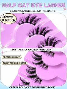 Asiteo 9 Pairs Fluffy 3D Faux Mink False Eyelashes, Transparent Eyelash Stem Cat Eye Half-Length False Eyelashes, Includes Brush, Suitable For Cosplay, Party, Wedding And Other Occasions, Natural Look Long Cat Eye Half-Length False Eyelashes, Outer Corner Eyelashes - Black - View 3