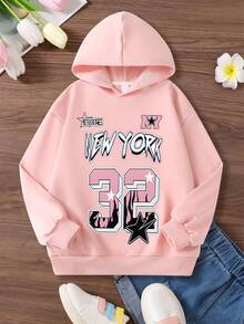 Fashionable Youth Girl Letter & Number College Style Personalized Graphic Print Hoodie Sweatshirt Paired With Printed Loose Wide Leg Pants, Autumn/Winter 2pcs Set - Pink - View 4