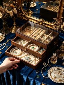 1pc Acrylic Walnut Wood Grain Jewelry Box, Wear-Resistant Acrylic Shell, Dust-Proof Visible Crystal Handle, Home Storage, Bracelet, Gift Choice, Wear-Resistant Texture, Layered, Partitioned, Large Capacity, Necklace, Ring, Earring, Scratch-Resistant, Dust-Proof - Multicolor - View 14