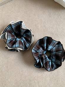 1pc/4pcs Plaid Double‑Layer Ruffle Scrunchie, Vintage Preppy Hair Tie, Soft Oversized Hair Scrunchy For Ponytail Bun, Daily Casual Hair Accessory - Multicolor - View 5