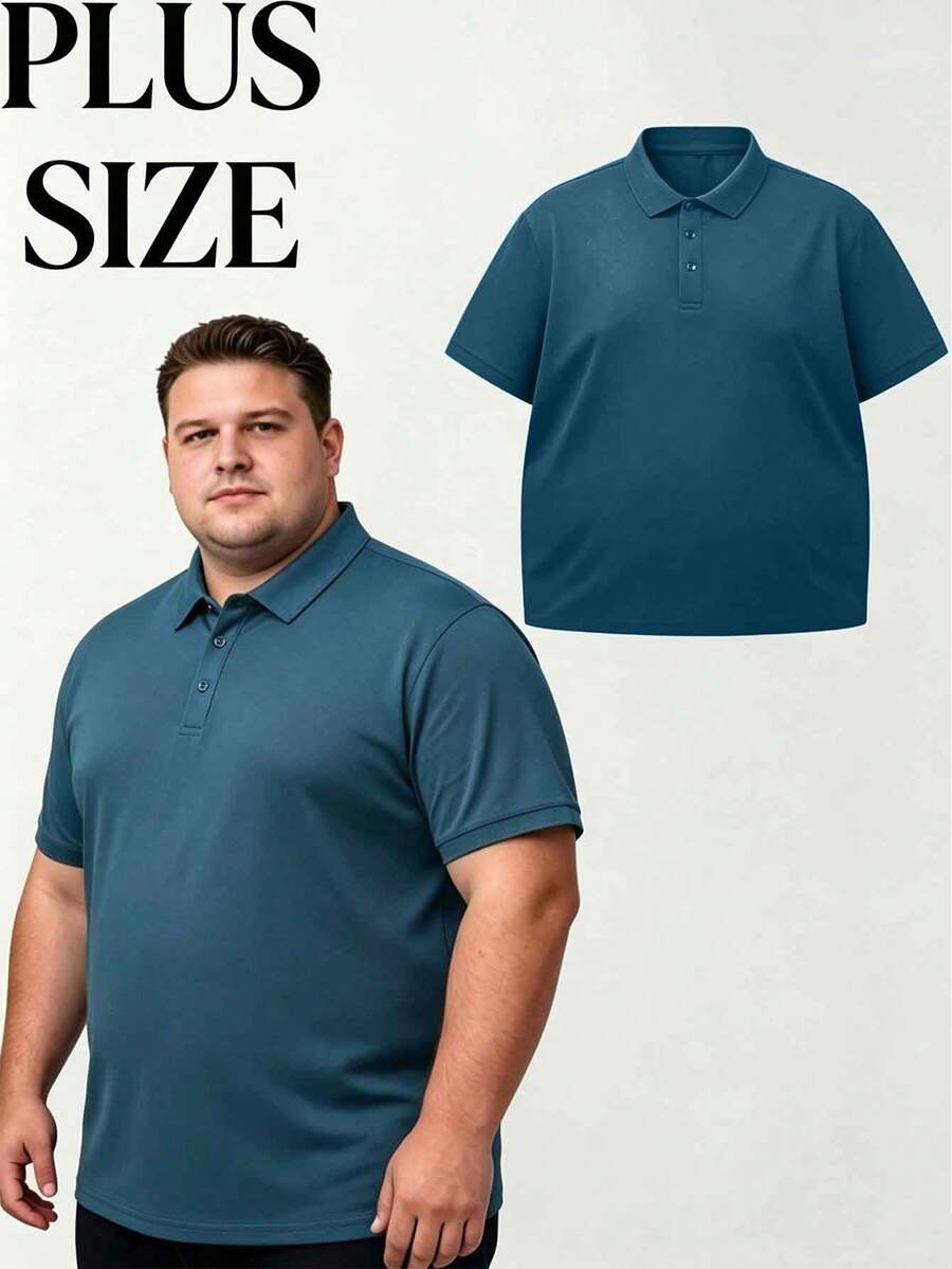 男士大尺碼純色短袖 Polo 衫,半開襟領,透氣寬鬆商務休閒高爾夫 T 恤,適合高大碼男士 - 淺藍色 - 查看 1