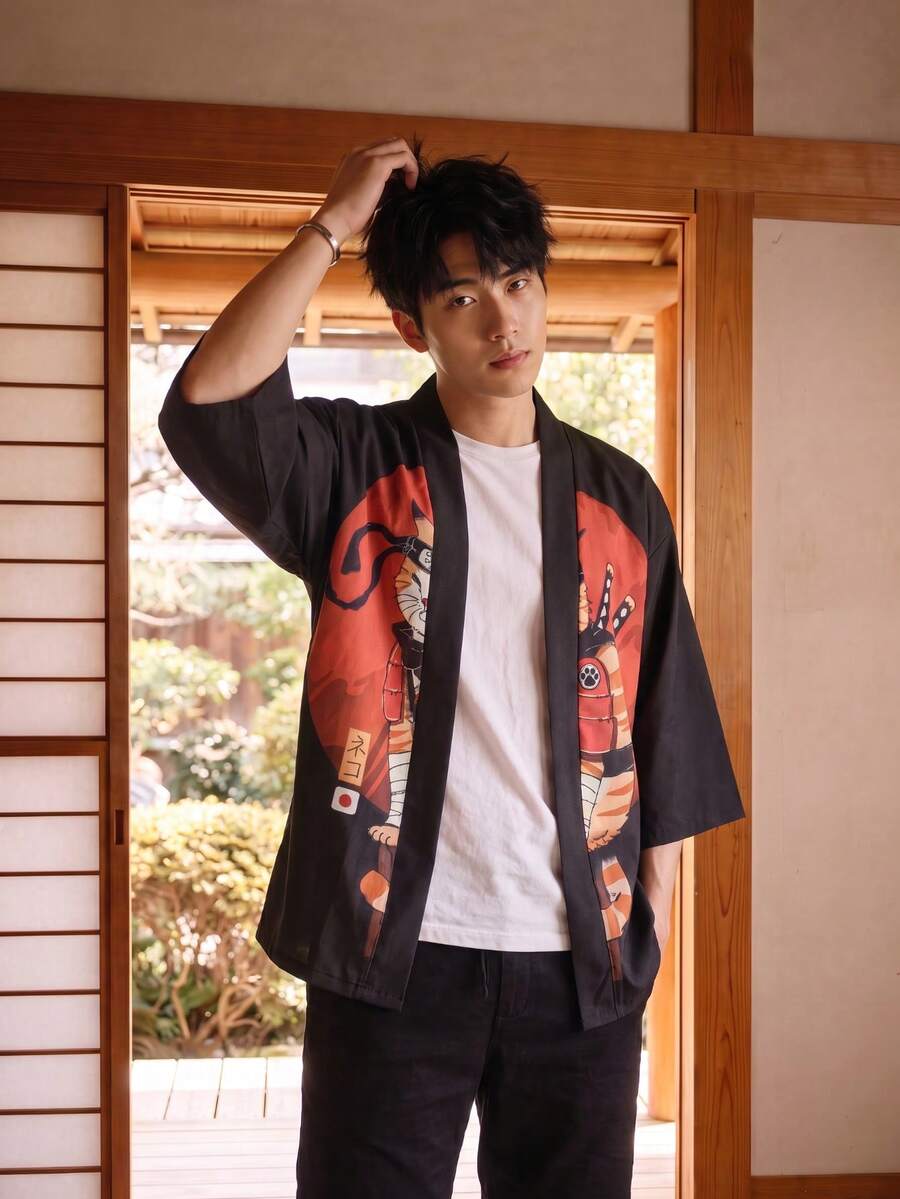 男士和服開襟衫休閒襯衫，印花百搭單層，可機洗 - 黑色 - 查看 1