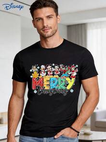 Disney 1pc Men's Short Sleeve T-Shirt, Loose Fit, Christmas Mickey Mouse And Friends Graphic Print, Round Neck, Slightly Elastic - Black - View 1